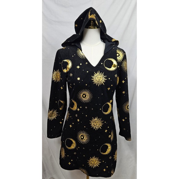 Underwraps Dresses & Skirts - Underwraps Celestial Sun Moon Gold Metallic Hooded Mini Dress Black Sm Witchy